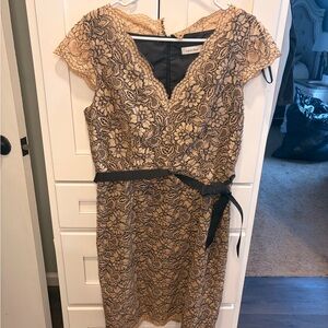 Calvin Klein Tan Lace Midi Dress with Black Ribbon Detail